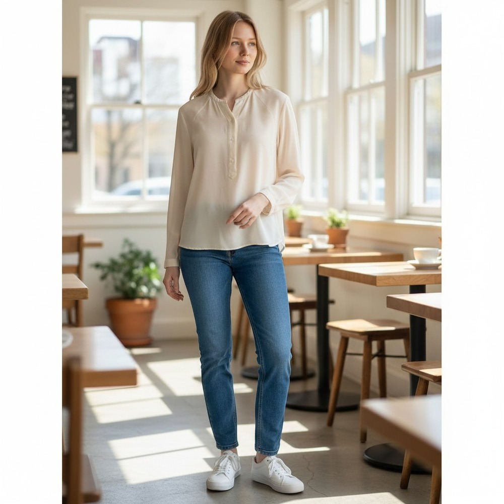 Vince Blouse Womens Small Cream Silk‎ Henley Long Sleeve Minimalist Top